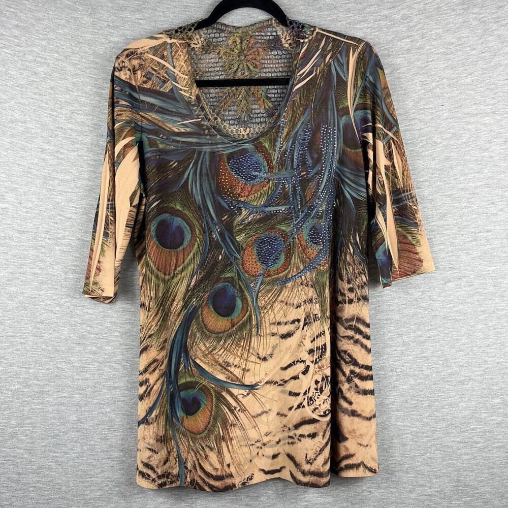 Patchington Womens Blouse Medium 3/4 Sleeve Peacock Feather Crochet Sparkle Boho